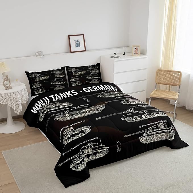 Tank Comforter Set King, War Theme Bedding Set, Soldier Dirt Bike Camouflage Army Acting Down Comforter for Kid Boy Teen Men,Camo Vintage Style Quilt Set, Military Vehicle Duvet Set Room Decor