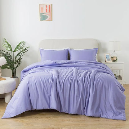 Queen Lavender Purple Comforter Set, Solid Luxury Skin-friendly Boho Bedding Set & Collections, Breathable Fluffy Microfiber 3 PCS (90"x90") Comforter Set for All Seasons with Pillowcases
