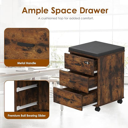 Soohow 3 Drawers Vertical Detachable Cushion Mobile Under Desk File Cabinet with Smart Lock/Casters,Rustic-Black, Large, Brown