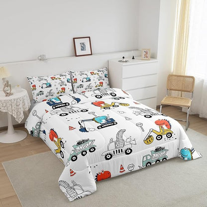 Feelyou Kids Cartoon Car Comforter Set Construction Bedding Set King Size Tractor Vehicle Truck Comforter for Kids Boys Girls Cute Dinosaur Quilt Set Yellow Blue Soft for Teens Child Room Decor