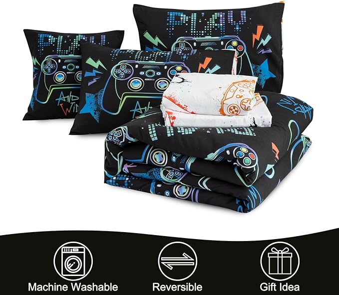 Meeting Story Gamer Gaming Bedding Sets Fluorescence Gamepad Comforter Set for Boys Games Console Action Buttons Novelty Colorful Modern Room Decor Home Quilt Set (Black, Twin6pcs)