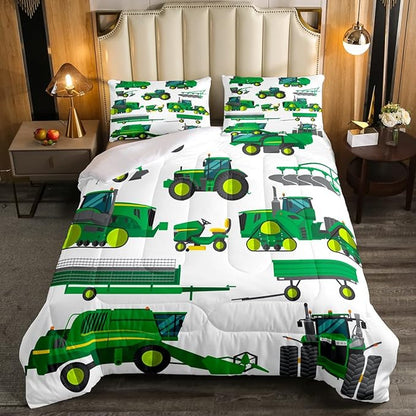 Erosebridal Excavator Comforter Set Queen Kids Cartoon Car Bedding Set Construction Tractor Down Comforter Equipment Trucks Quilt Set for Child Boys Teens Gift,Soft Warm, Bedroom Dercor, Green