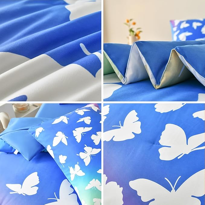 Butterfly Bedding Set Full, Blue Butterfly Comforter Set for Girls Kids Teens 6 pcs Bed in a Bag Full Bedding Sets for Girls