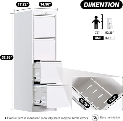 4 Drawer File Cabinet, Office Filing Cabinet with Lock/Drawer, Metal Vertical File Storage Cabinet for A4 Letter/Legal Size, 14.96" W x 17.72" D x 52.36" H, Assembly Required