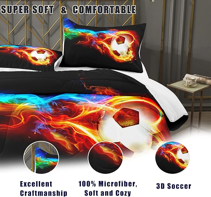 Bodhi Soccer Comforter Set King Size,Fire Sports Comforter Set for Boys,Football Bedding King,Teen Boy Bedding Set with Matching Pillowcases,Kids Comforter Set King