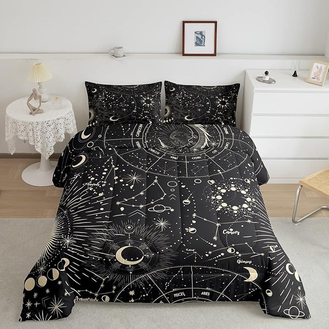 Sun and Moon Comforter Set Boho Exotic Bedding Set Galaxy Astrology Comforter for Boys Girls Children Teens Bedroom Decor Chic Cute Luxury Zodiac Signs Duvet Set Full Size Quilt Set