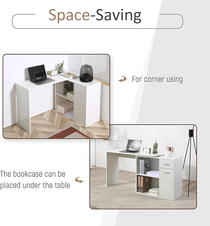 HOMCOM L Shaped Computer Desk, 180° Rotating Corner Desk with Storage Shelves, Drawer and Cabinet, Study Workstation for Home Office, White