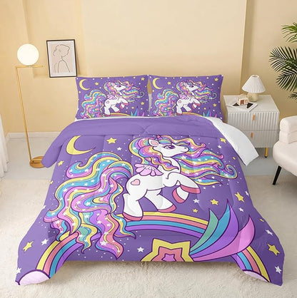 Unicorn Comforter Queen Size,Rainbow Unicorn Comforter Set for Kids Teens Girls,3Pcs Bedding Set Printed Comforter with 2 Pillowcases,Down Alternative,Soft and Lightweight(Purple，Queen Size)