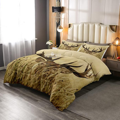 Antler Comforter Set King, Whitetail Deer Down Comforter, Stag Quilted Duvet, Countryside Rural Hunting Theme Comforter Set for Christmas Decorations Bedroom Decor All Season, Ultra Lightweight
