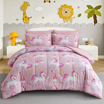 Queen Comforter Set for Girls, 7 Pieces Bed in a Bag with Shams, Sheet Set, Pink Unicorn Double Soft Microfiber Kids Comforter Bedding Set
