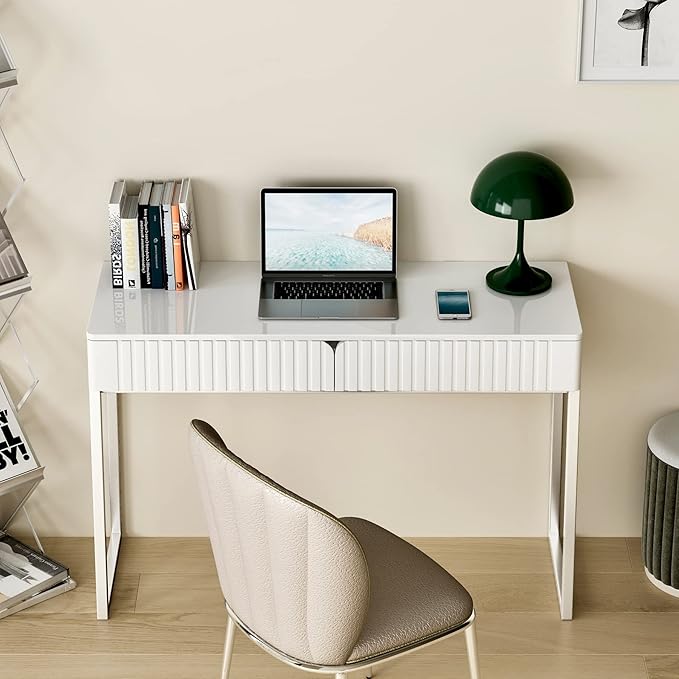 White Vanity Desk with 2 Drawers, Silver and White Desk,Home Office Desk Modern Makeup Vanity Table with Glossy Desktop,Writing Computer Standing Desk with Wood Top and Metal Legs