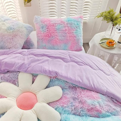 Faux Fur Kids Girls Purple Rainbow Comforter Sets King - 3PC Bed Set Warm Comfortable Soft Plush Flannel Velvet Fluffy Fuzzy Bedding（Comforter x 1 Pillowcases x 2）