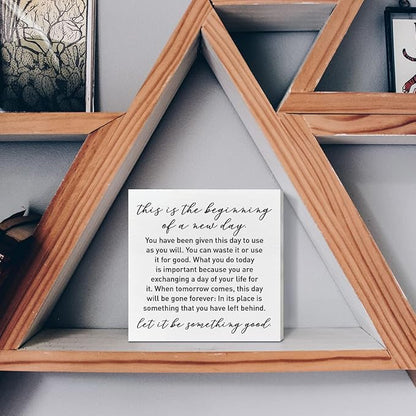 Home Office Desk Wooden Box Sign Decor, This Is The Beginning of A New Day, Inspirational Quotes Desk Decor Motivational Desk Decorations for Women Men Student Office Classroom School