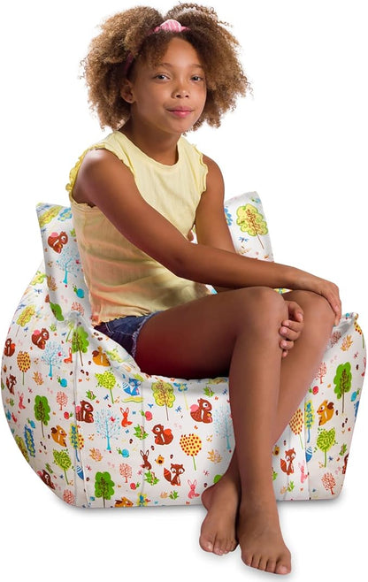 Posh Creations Structured Comfy Bean Bag Chair for Gaming, Reading, and Watching TV, Newport Chair, Canvas - Forest Critters on White