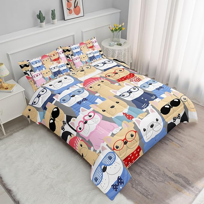 Datura home Dog Comforter Beddding Set for Kids Children,Puppy Pug Cute Dog Pattern Cartoon Career Pet Bedding Set with 1 Comforter and 2 Pillowcases(Dog Twin)