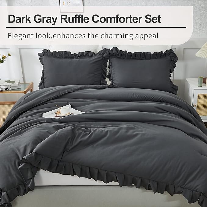 Andency Dark Gray Twin Size Comforter, 2 Pieces Kids All Season Ruffle Bed Comforter Set, Boho Lightweight Solid Farmhouse Shabby Chic Bedding Comforters & Sets (66x90Inch Comforter)