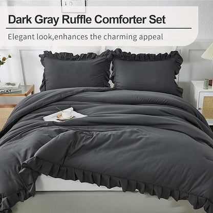 Andency California King Comforter Set Dark Gray (104x96Inch), 3 Pieces Cal King Ruffle Comforter, Oversized Farmhouse Shabby Chic Bed Comforter, Lighteweight and Soft Microfiber Bedding Set