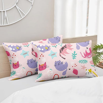 Kawaii Cats Comforter Twin Size,Pink Cats Kids Comforter Set,3Pcs Bedding Set Printed Comforter with 2 Pillowcases,Down Alternative,Soft and Lightweight,for All Seasons