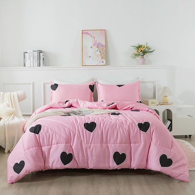 Love Pattern Girls Pink Comforter Set King Size, Blush Pink Cute Love Heart Sexy Comforter Bedding Set for All Seasons, Soft Microfiber 3 Pieces Comforter Set with Pillowcases