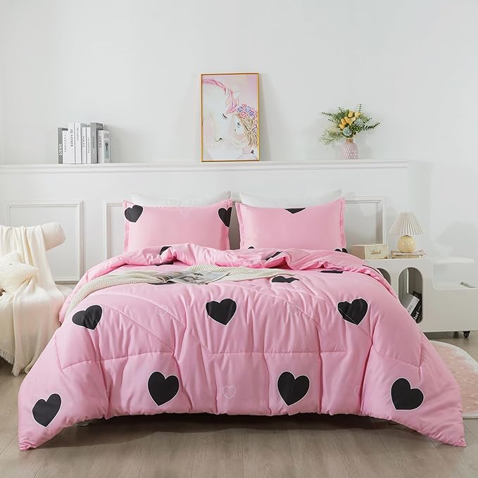 Girls Pink Comforter Set Twin Size, Blush Pink Cute Love Heart Print Sexy Comforter Bedding Set for All Seasons, Geometric Soft Microfiber Comforter Set with Pillowsham
