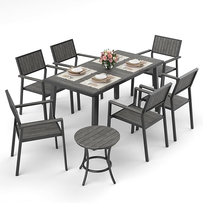 Pamapic Aluminum Outdoor Dining Set, Patio Dining Set for 8 with 6 Outdoor Stackable Chairs, Patio Table and Chairs Set with Plastic-Wood Table Top for Patio, Garden(Charcoal Gray)