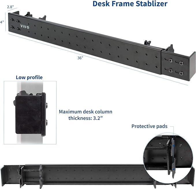 VIVO Black Universal Steel Clamp-on Desk Stabilizer Bar, 36 to 61.6 inch Bracket Support System for Sit to Stand Desk Frames, DESK-STB01B