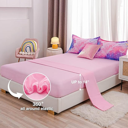 A Nice Night Galaxy Bedding Sets Outer Space Comforter 3D Printed Space Quilt Set Queen 6Pcs Glitter Pink,for Children Boy Girl Teen Kids