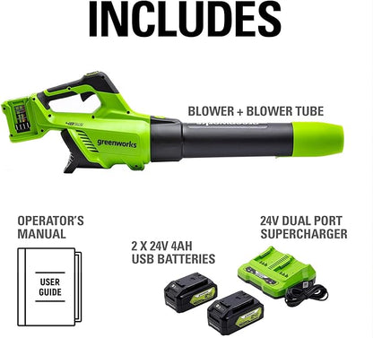 Greenworks 48V (2 x 24V) Cordless Brushless Axial Leaf Blower (140 MPH / 585 CFM / 125+ Compatible Tools), (2) 4.0Ah Batteries and Dual Port Rapid Charger Included