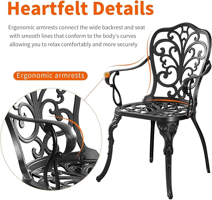 Bistro Table and Chairs Set of 2 Outdoor 3 Piece Bistro Sets Cast Aluminum Patio Bistro Set with Umbrella Hole, Patio Set for Garden, Black