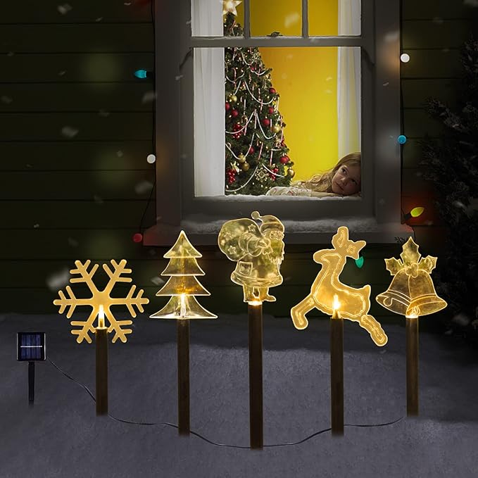 BRIGHTDECK Solar Christmas Pathway Lights Outdoor Decorations, Landscape Lights Waterproof Led Garden Stake Lights for Walkway Yard Lawn Porch Holiday Decor 5-Pack