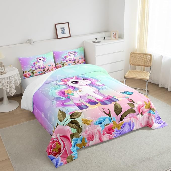 Cartoon Unicorn Kids Comforter Set Twin Size,Rose Flowers Butterfly Leaves Bedding Set,Girls Women Room Decor,Starry Sky Unicorn Cute Down Comforter,Pink Purple Romantic Duvet Insert,1 Pillowcase
