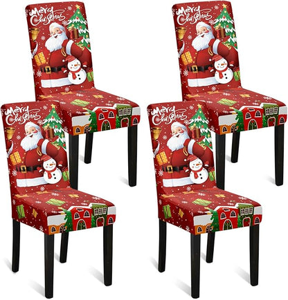 U'Artlines Christmas Chair Covers Set of 4, Removable Washable Merry Christmas Dining Chair Seat Covers Stretch Protector Slipcovers for Dining Room Kitchen Holiday Party Decor, Santa Claus