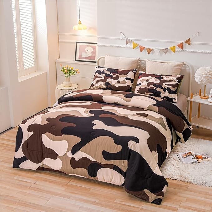 Meeting Story Camouflage Bedding Set, Colorful Pattern Style Queen Comforter Set, 3 PCS One Comforter and Two Pillowcases in One Bag, All Season Bedspread for Kids Teens Adults (Coffee, Queen)