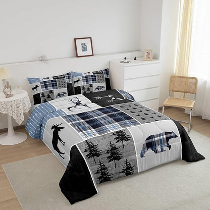Rustic Adventure Kids Comforter Set Twin Size,Deer Bear Pine Trees Xmas Bedding Set for Boys Girls Adults Room Decor,Plaids Arrows Wooden Patchwork Down Comforter,Blue Duvet Insert,1 Pillowcase