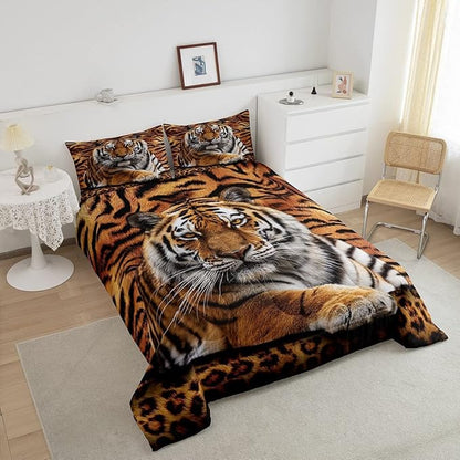 Tiger 3D Print Comforter Set King Size,Wild Animals Bedding Set 3pcs for Kids Teens Adults Bedroom Decor,Abstract Animal Fur Quilt Set Soft Breathable Duvet Insert with 2 Pillowcases,Brown Rustic