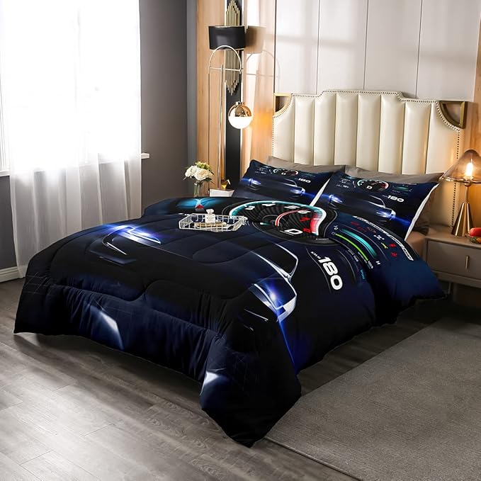 Erosebridal Teens Race Car Comforter Set Queen Size, Kids Cool Speed Racing Car Quilt Set, Extreme Sport Bedding Set for Boys Youth Adult Bedroom, Black Automobile Quilted Duvet for Bedroom