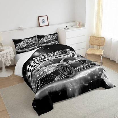 Racing Car Comforter Set, Cool Speed Race Car Down Comforter Queen for Kids Boys Girls Teens Bedroom, Automobile Extreme Sport Bedding Set Plaid Checkered Duvet Sets with 2 Pillowcases,Grey