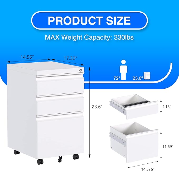 Mobile File Cabinet Under Desk, 3 Drawers Metal File Cabinet with Wheels, Rolling Filing Cabinets with Lock for Home Office Letter/Legal/A4