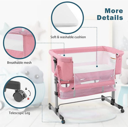 Baby Crib,3 in 1 Bedside Crib Adjustable Portable Bed for Infant,Baby Bassinet Baby Newborn Must Have Bed,Pink