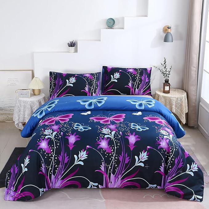 WINLIFE Butterfly Comforter Set Full Size for Girls Purple Blue Black Butterflies Printed Bedding Set for All Season, Soft Breathable & Light Bed Sets
