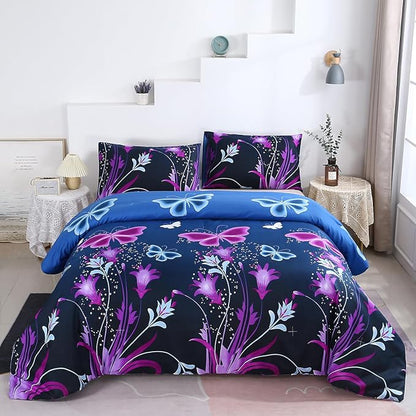 WINLIFE Butterfly Comforter Set Full Size for Girls Purple Blue Black Butterflies Printed Bedding Set for All Season, Soft Breathable & Light Bed Sets