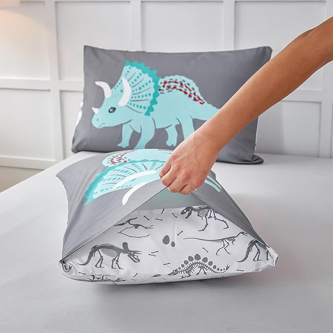 RYNGHIPY Dinosaur Kids Comforter Set Cartoon Dinosaur Bedding Sets for Boys 3 Pieces Full Microfiber Comforter with Pillowcases Soft Lightweight (Dark Grey,Full)