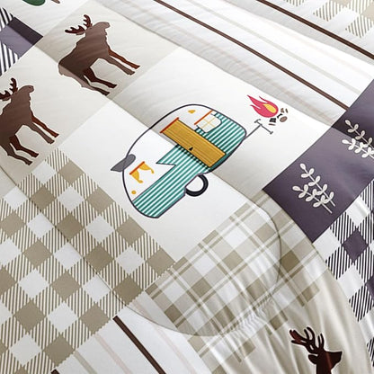 Datura home Happy Camper Comforter Set Rustic Lodge and Camper Deer Printed Quilt Bedding Set with 1 Comforter and 2 Pillowcases for Boys and Girls Bedroom All Season(Camper Twin)