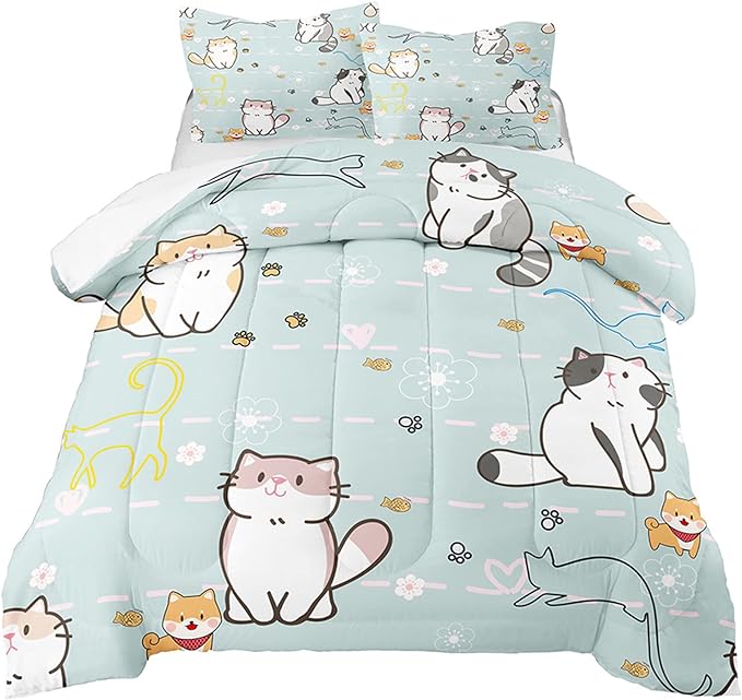 Cat Bedding Set Twin Size, Cartoon Cats Comforter for Girls Kids Teens, Blue Lovely Quilt Animal Pattern Comforter Set Soft Breathable Cute Duvet Set for All Season 2Pcs with Pillowcase