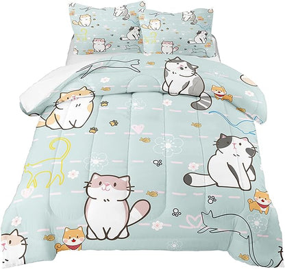 Cat Bedding Set Twin Size, Cartoon Cats Comforter for Girls Kids Teens, Blue Lovely Quilt Animal Pattern Comforter Set Soft Breathable Cute Duvet Set for All Season 2Pcs with Pillowcase