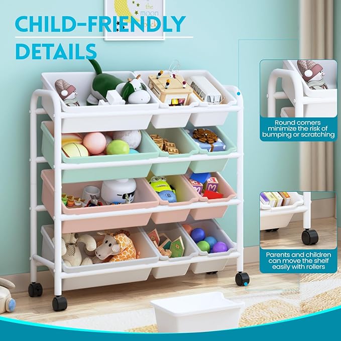 Kids Toy Storage Organizer with 12 Plastic Bins, 4-Tier Metal Toy Storage Rack, Metal Toy Organizer with Storage Bins for Kids Room, Playroom and Nursery, Multi-Color