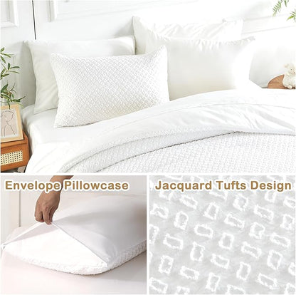 Queen Size Tufted Kids Comforter Set 7 Piece White Jacquard Tufts Embroidery Bedding Set for Boys Girls Bed in A Bag Quilt with 1 Comforter, 1 Flat Sheet, 1 Fitted Sheet, 2 Pillowcase, 2 Pillow Sham