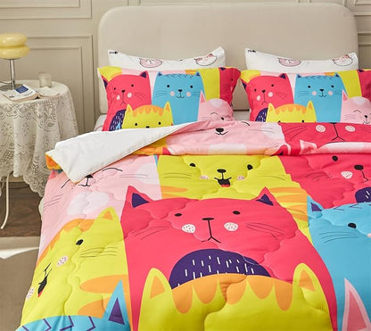 Wajade Kids Cute Cats Comforter Set Bed in A Bag Twin Size 7 Piece Colorful Cartoon Pet Cats Bedding Set for Boys Girls (1 Comforter, 1 Flat Sheet, 1 Fitted Sheet, 2 Pillowcase and 2 Pillow Sham)