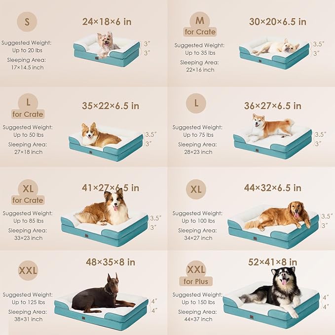 EHEYCIGA Orthopedic Dog Beds for Large Dogs, Waterproof Memory Foam Large Dog Bed with Sides, Non-Slip Bottom and Egg-Crate Foam Large Dog Couch Bed with Washable Removable Cover, Turquoise Blue