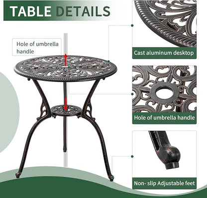 3 Piece Patio Set Metal Bistro Set,Cast Aluminum Outdoor Bistro Table and Chairs Set of 2 with Umbrella Hole,All Weather Patio Bistro Sets for Front Porch Set Garden,Backyard(Bronze)